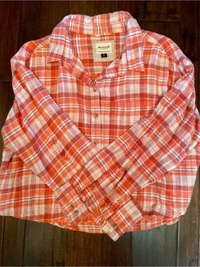 American Eagle Outfitters Pink White and Tan Plaid Button-Down Shirt
